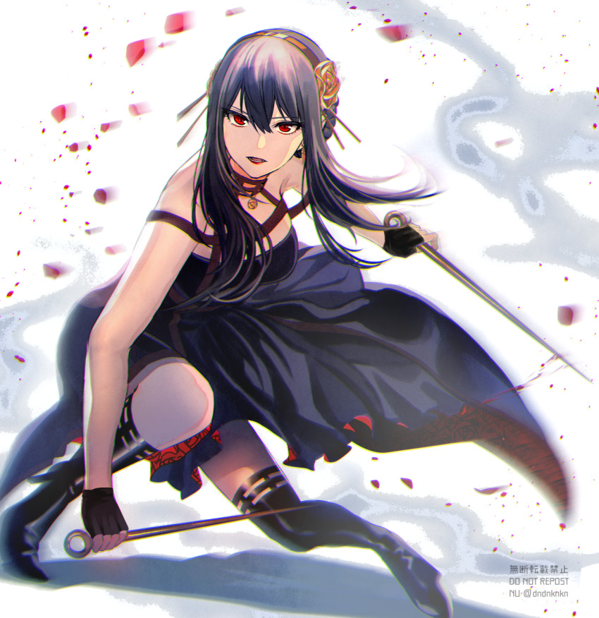 1girl, asymmetrical_legwear, black_boots, black_dress, black_gloves, black_hair, boots, brown_hairband