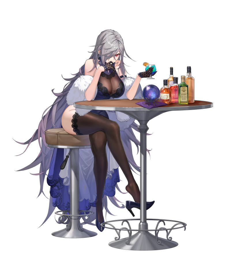 1girl, absurdres, armlet, bar_stool, bare_shoulders, black_footwear, black_gloves, black_thighhighs, blue_dress, bottle, breasts, cocktail, cocktail_glass, counter:side, crossed_legs, crystal_ball, cup, dress, drinking_glass, earrings, elbows_on_table, feather_boa, fishnet_gloves, fishnets, food, fruit, gloves, gremory_(counter:side), grey_hair, hair_over_one_eye, half_gloves, handkerchief, high_heels, highres, hoop_earrings, jewelry, lace, lace-trimmed_legwear, lace_trim, large_breasts, layered_dress, lemon, lemon_slice, long_dress, long_hair, looking_at_viewer, official_alternate_costume, official_art, red_eyes, round_table, see-through_clothes, see-through_dress, shoe_dangle, sitting, sleeveless, sleeveless_dress, smile, stool, table, tachi-e, thighhighs, transparent_background, very_long_hair, wine_bottle