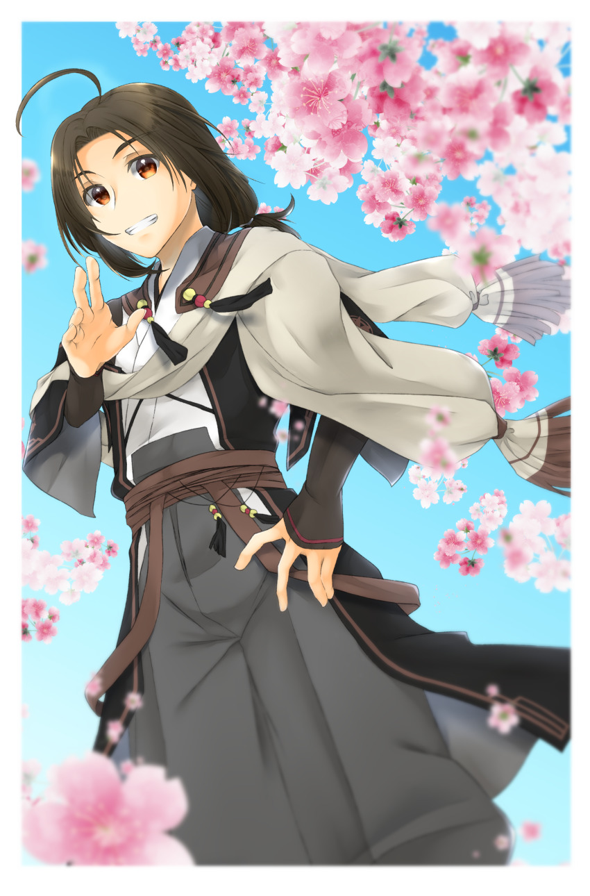 1boy, absurdres, ahoge, aquaplus, blue_sky, breezefu00, brown_hair, cherry_blossoms