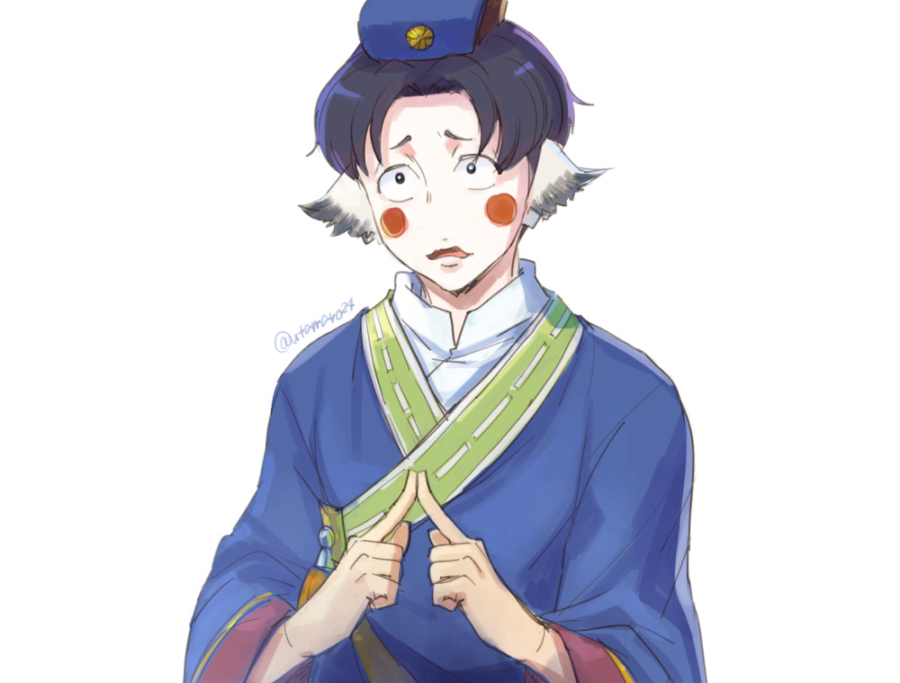 1boy, animal_ears, aquaplus, black_eyes, black_hair, facepaint, fingers_together, hat