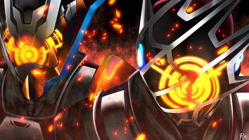 2boys, absurdres, armor, asymmetrical_horns, blue_eyes, commentary, english_commentary, extra_eyes