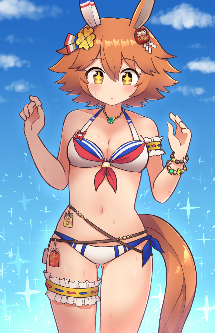 +_+, 1girl, alternate_costume, animal_ears, arm_strap, bead_bracelet, beads, bikini