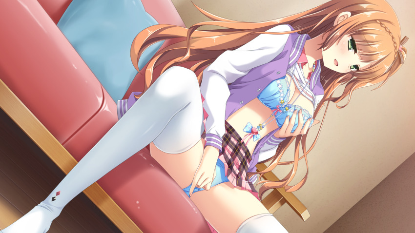 1girl, akagi_suzuna, blue_bra, blue_panties, blush, bra, braid, breasts, cleavage, clothed_masturbation, couch, female_masturbation, game_cg, grabbing_another's_breast, green_eyes, groping, hair_ornament, highres, ikegami_akane, kamidanomi_shisugite_ore_no_mirai_ga_yabai., long_hair, long_sleeves, masturbation, official_art, open_clothes, open_mouth, panties, solo, spread_legs, thighhighs, underwear, white_thighhighs