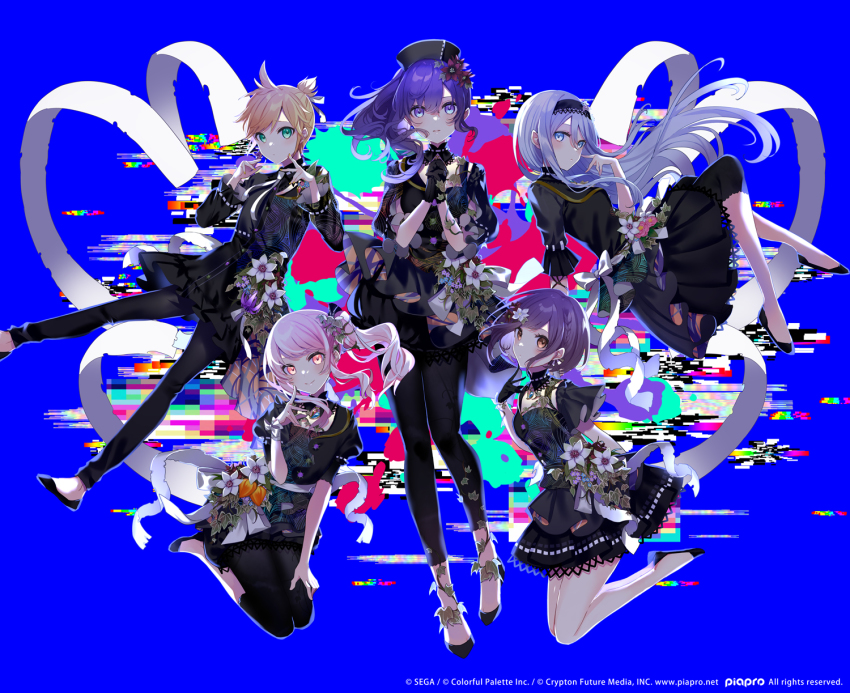 1boy, 1other, 25-ji_len, 25-ji_nightcord_de._(project_sekai), 3girls, akiyama_mizuki, asahina_mafuyu, black_dress, black_footwear, black_gloves, black_hairband, black_headwear, black_pants, black_shirt, black_shorts, blonde_hair, blue_eyes, braid, brown_eyes, brown_hair, bug_(vocaloid), dress, flats, floral_print, flower, glitch, gloves, hairband, hat, heart, high_ponytail, highres, kagamine_len, long_hair, long_sleeves, looking_at_viewer, maigo_no_te_wo_hiku_sono_saki_wa_(project_sekai), multiple_girls, nurse_cap, official_art, own_hands_together, pants, pink_eyes, pink_hair, ponytail, project_sekai, purple_eyes, purple_hair, saine, shinonome_ena, shirt, short_hair, short_sleeves, shorts, very_long_hair, vocaloid, white_flower, yellow_flower, yoisaki_kanade