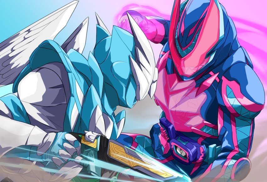 2boys, angel_and_devil, angel_wings, armor, battle, belt, blue_armor, blue_background