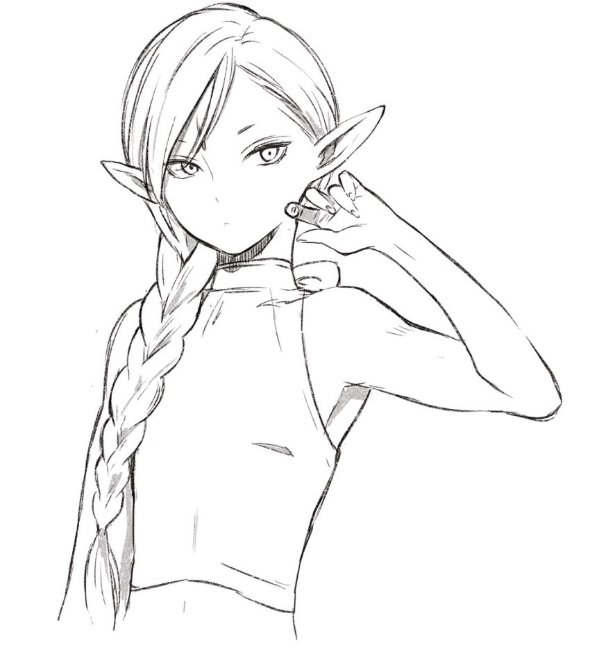 1boy, androgynous, bare_arms, bare_shoulders, braid, braided_ponytail, braided_ponytail_lamia_(dungeon_meshi), commentary_request, dungeon_meshi, facial_mark, forehead_mark, greyscale, hair_over_shoulder, hand_up, highres, long_hair, looking_at_viewer, male_focus, midriff, monochrome, pointy_ears, sami_(3a3i3a3i), single_braid, sleeveless, solo, trap