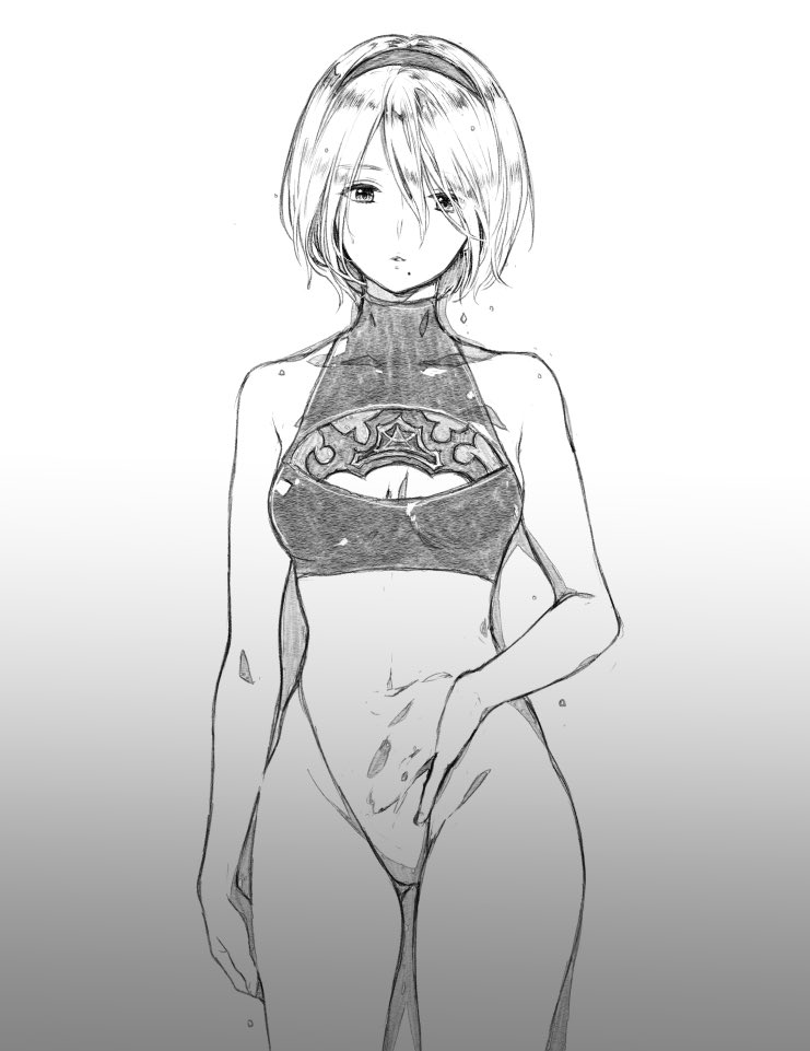 1girl, 2b_(nier:automata), adapted_costume, arm_at_side, bob_cut, breasts, cleavage, cleavage_cutout