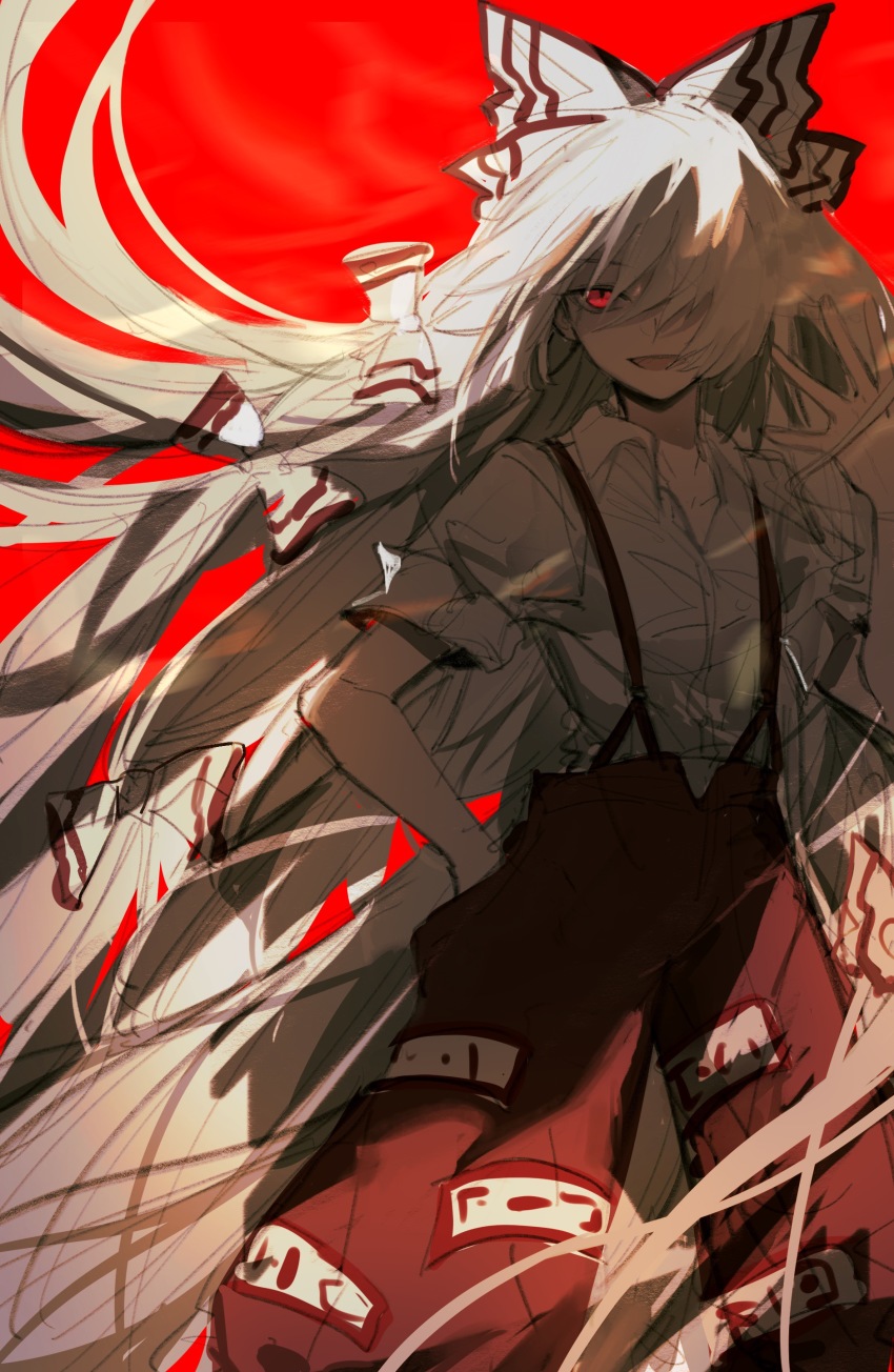 1girl, :d, absurdres, bow, chinese_commentary, commentary, feet_out_of_frame, floating_hair