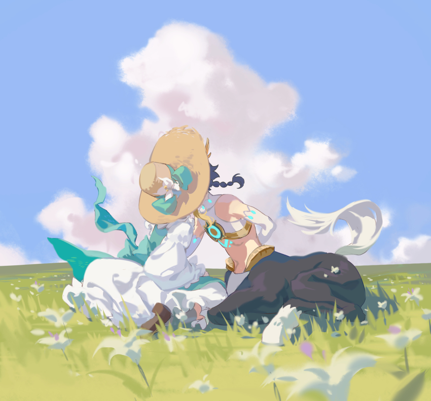 1boy, 1girl, arm_behind_back, black_hair, blue_sky, blurry, braid, brown_footwear