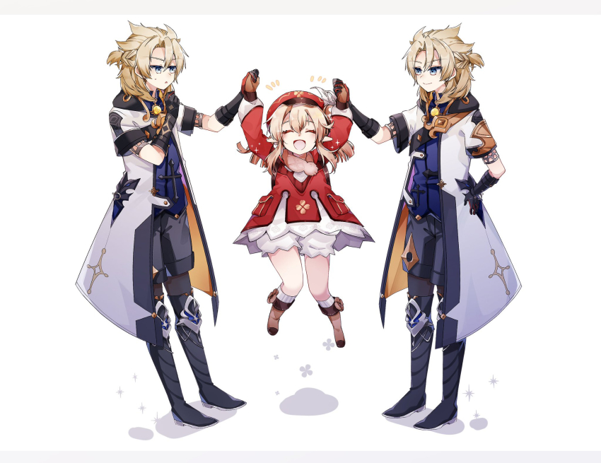 1girl, 2boys, :d, ^_^, ahoge, albedo_(genshin_impact), bad_id, bad_pixiv_id