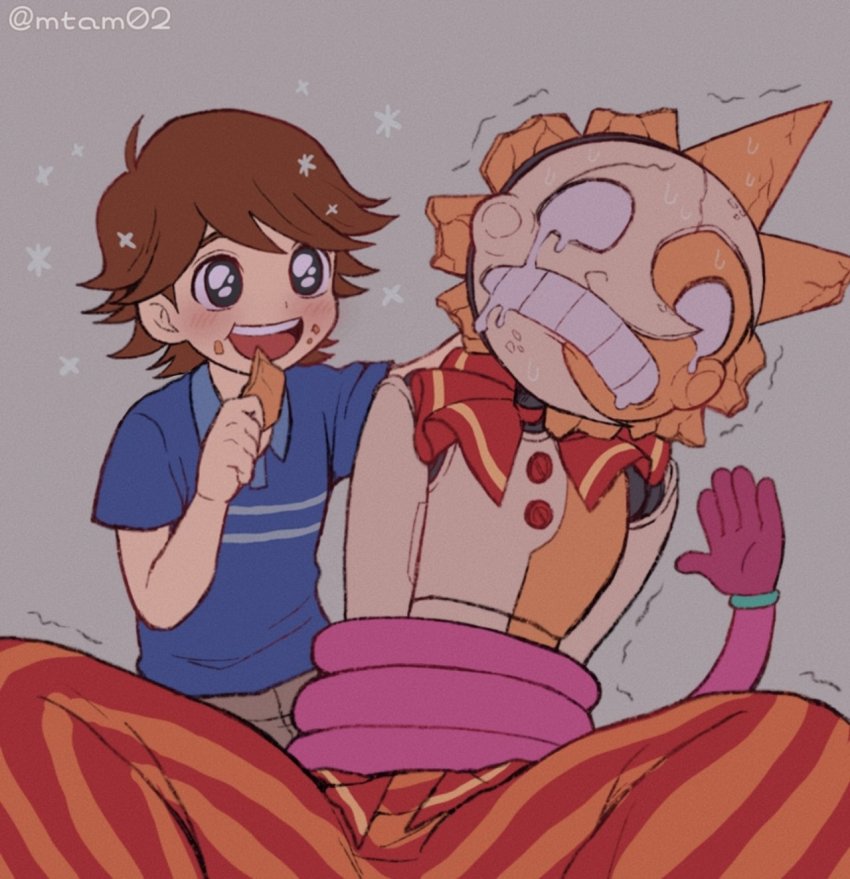 2boys, baggy_pants, blue_shirt, brown_hair, eating, five_nights_at_freddy's, five_nights_at_freddy's:_security_breach, food_in_mouth