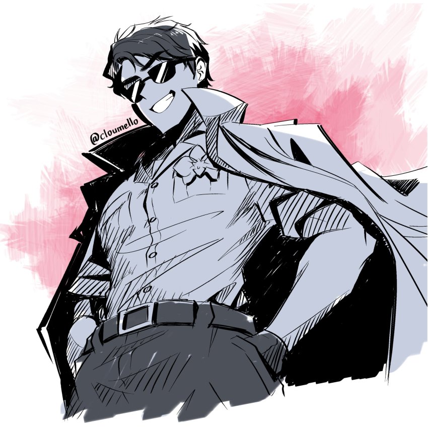 1boy, axis_powers_hetalia, belt, cloumello, collared_shirt, gloves, greyscale, grin