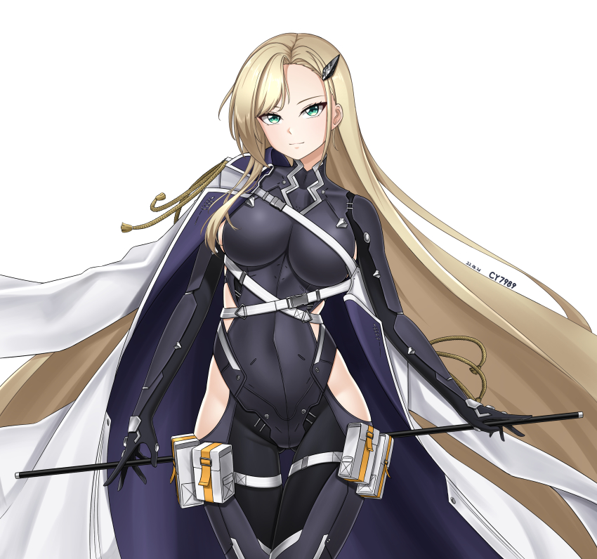 1girl, absurdres, aged_down, aiguillette, armor, artist_name, blonde_hair, bodysuit, breasts, buckle, clothing_cutout, coat, coat_on_shoulders, commentary, counter:side, cy7989, dated, dated_commentary, gluteal_fold, green_eyes, groin, hair_behind_ear, hair_ornament, highres, hip_vent, holding, holding_stick, latex, light_smile, long_hair, looking_at_viewer, maria_antonov, medium_breasts, pouch, side_cutout, sidelocks, simple_background, skin_tight, snap-fit_buckle, solo, stick, thigh_gap, thigh_pouch, thigh_strap, thighs, tsurime, very_long_hair, white_background