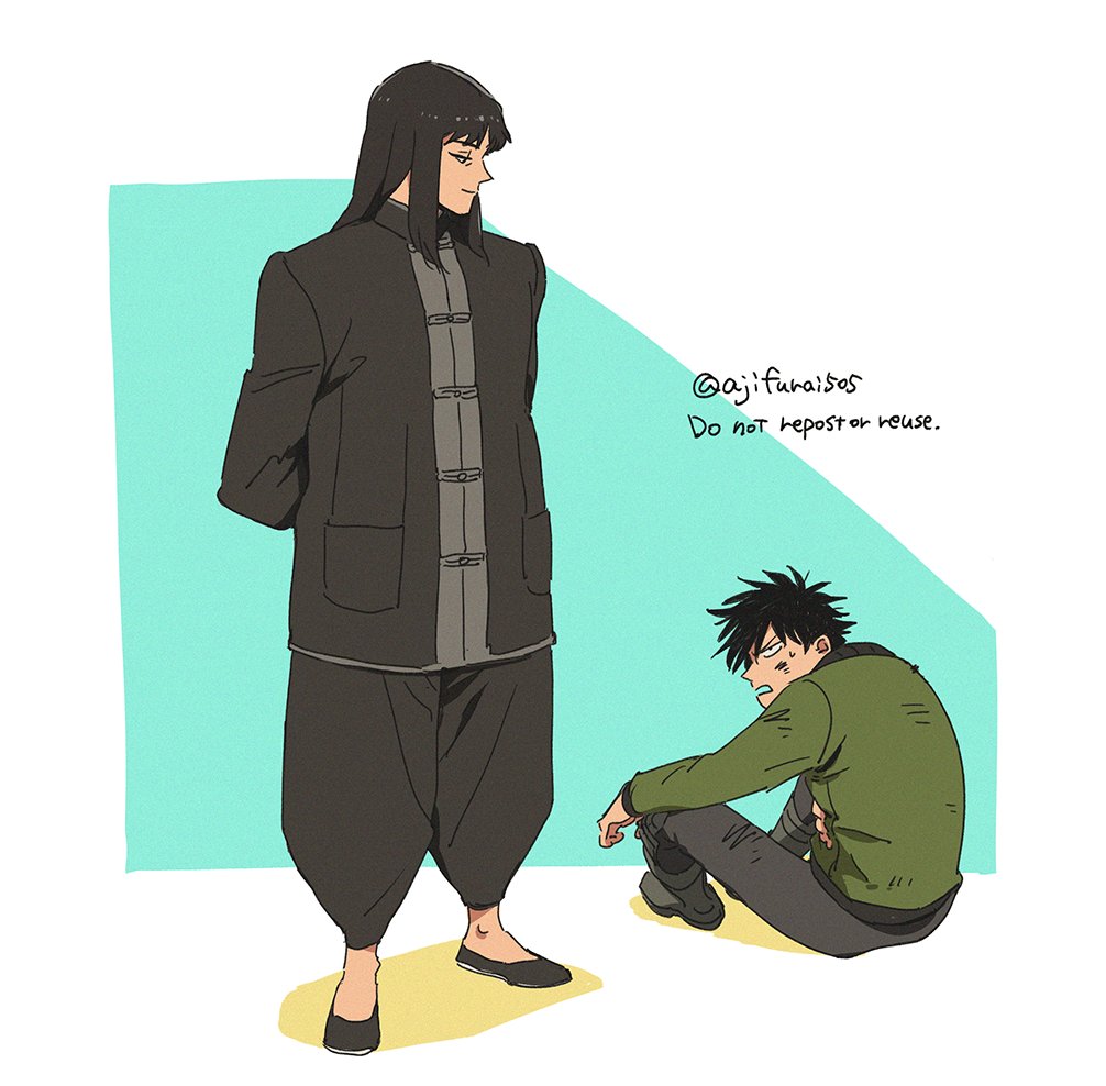 aqua_background, arms_behind_back, asaya_minoru, black_footwear, black_hair, black_jacket, black_pants, blue_background