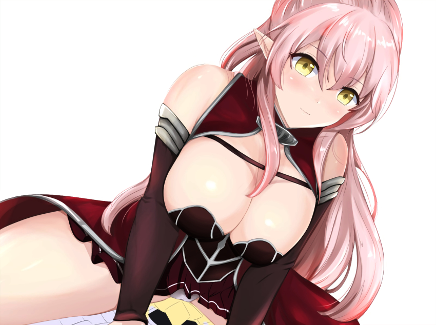 ariane_glenys_maple, blush, breasts, cleavage, cleavage_cutout, clothing_cutout, detached_sleeves, dress, elf, gaikotsu_kishi-sama_tadaima_isekai_e_odekake-chuu, large_breasts, panties, pantyshot, pink_hair, pointy_ears, ponytail, red_dress, sa_(nax49), straddling, underwear, yellow_eyes