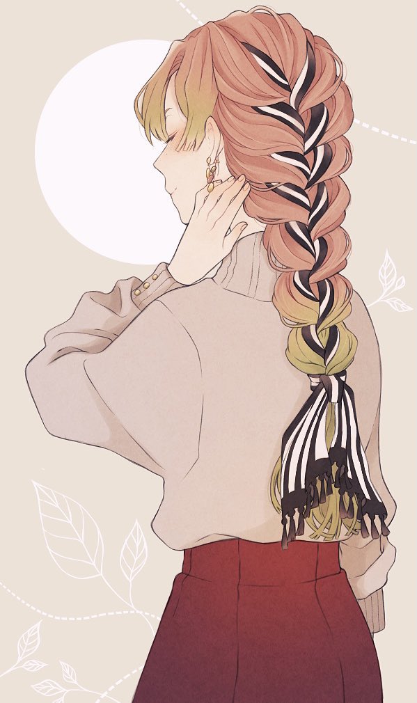 1girl, alternate_hairstyle, arm_at_side, braid, braided_ponytail, closed_eyes, closed_mouth, contemporary