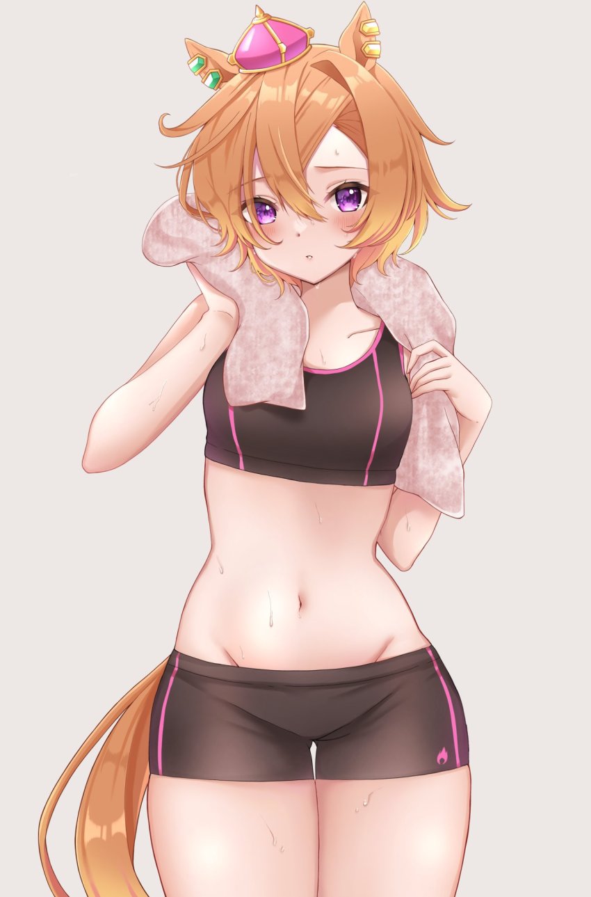 1girl, animal_ears, bare_arms, bare_legs, bare_shoulders, breasts, clothes_lift, highres, holding, holding_towel, horse_ears, horse_girl, horse_tail, looking_at_viewer, opera_love_0403, orange_hair, purple_eyes, short_hair, solo, sports_bra, sportswear, stomach, sweater, sweater_lift, t.m._opera_o_(umamusume), tail, towel, umamusume