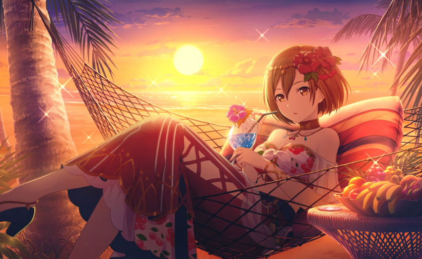 1girl, apple, backlighting, banana, bare_shoulders, beach, bead_necklace, beads