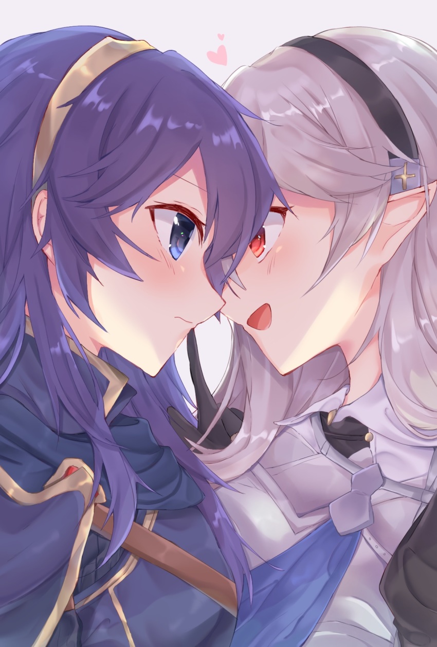 2girls, black_hairband, blue_eyes, blue_hair, blush, closed_mouth, female_corrin_(fire_emblem), edamameoka