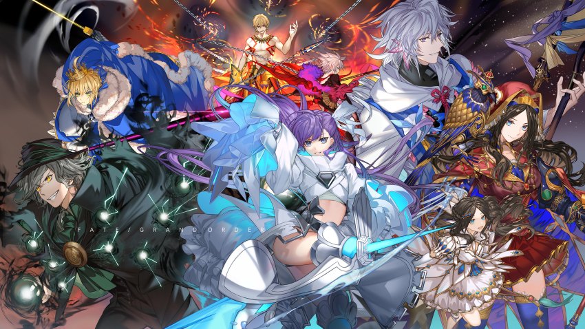 4boys, 4girls, :d, absurdres, ahoge, arlizi, arm_up, armor