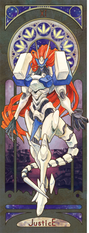 arc_system_works, art_nouveau, card_(medium), guilty_gear, hitotsubashi, justice_(guilty_gear), justice_(tarot), long_hair, mecha, red_hair, robot, solo, tail, tarot, tarot_(medium)