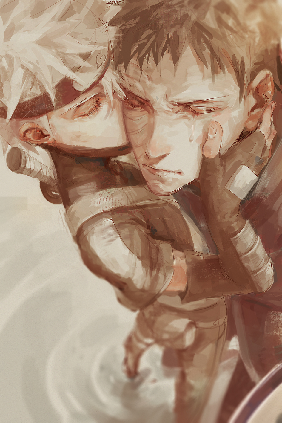 2boys, aged_down, bluesy, closed_eyes, crying, eyelashes, fingerless_gloves, forehead_protector