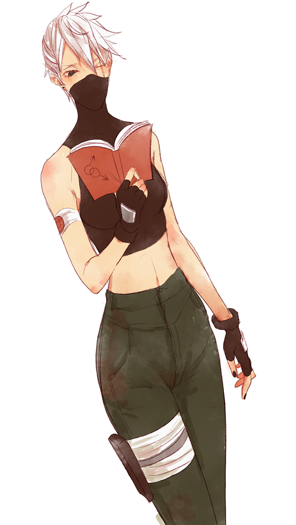 1girl, bare_shoulders, black_nails, bluesy, book, breasts, female_focus, fingerless_gloves