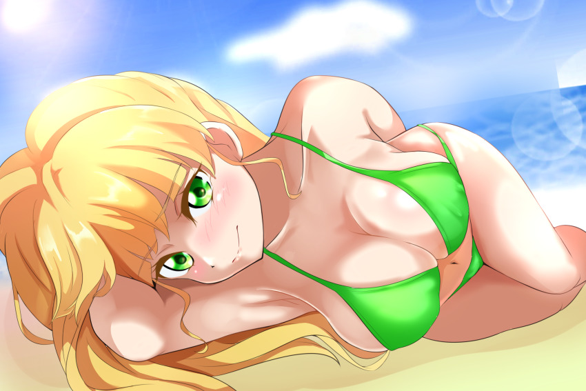 1girl, armpits, bare_shoulders, beach, bikini, blonde_hair, blush, breasts