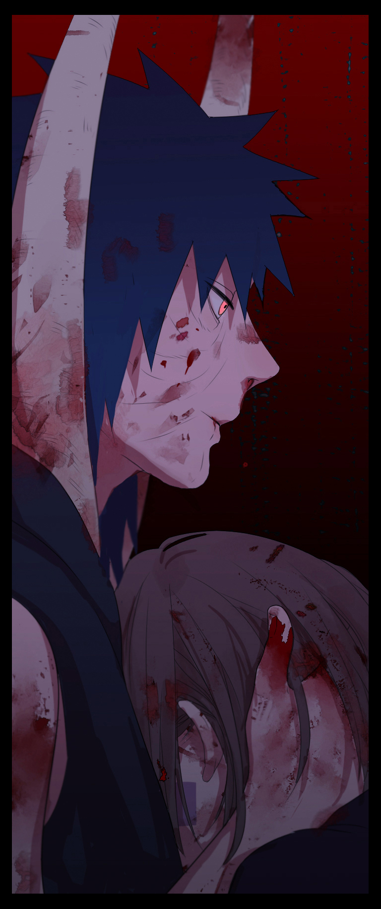 1boy, 1girl, black_hair, blood, blood_on_face, blood_on_hands, bluesy, brown_hair