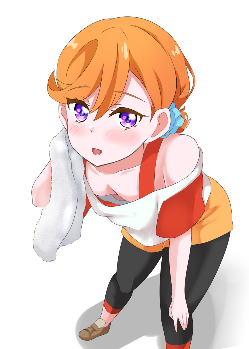 1girl, bare_shoulders, blush, breasts, cleavage, downblouse, eine_(ein-faust), hair_ornament, hair_scrunchie, hand_on_leg, highres, leaning_forward, looking_at_viewer, love_live!, love_live!_superstar!!, medium_breasts, no_bra, open_mouth, orange_hair, purple_eyes, scrunchie, shadow, shibuya_kanon, shoes, short_hair, shorts, simple_background, solo, thighhighs, towel, white_background