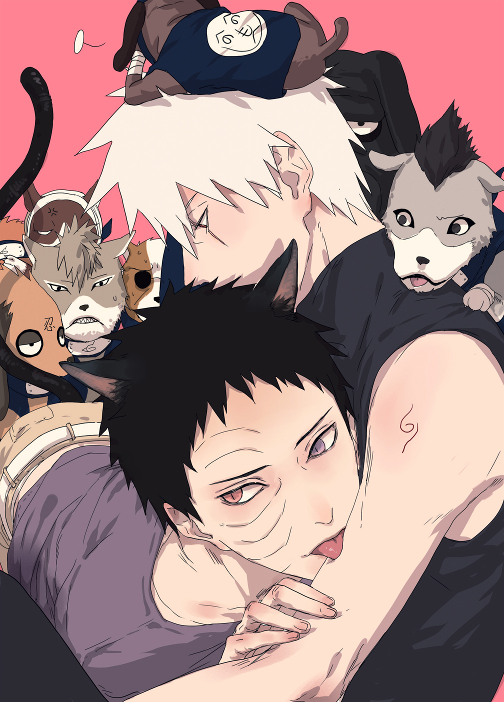 2boys, akino_(naruto), animal_ears, bisuke_(naruto), bluesy, bull_(naruto), cat_boy, cat_ears