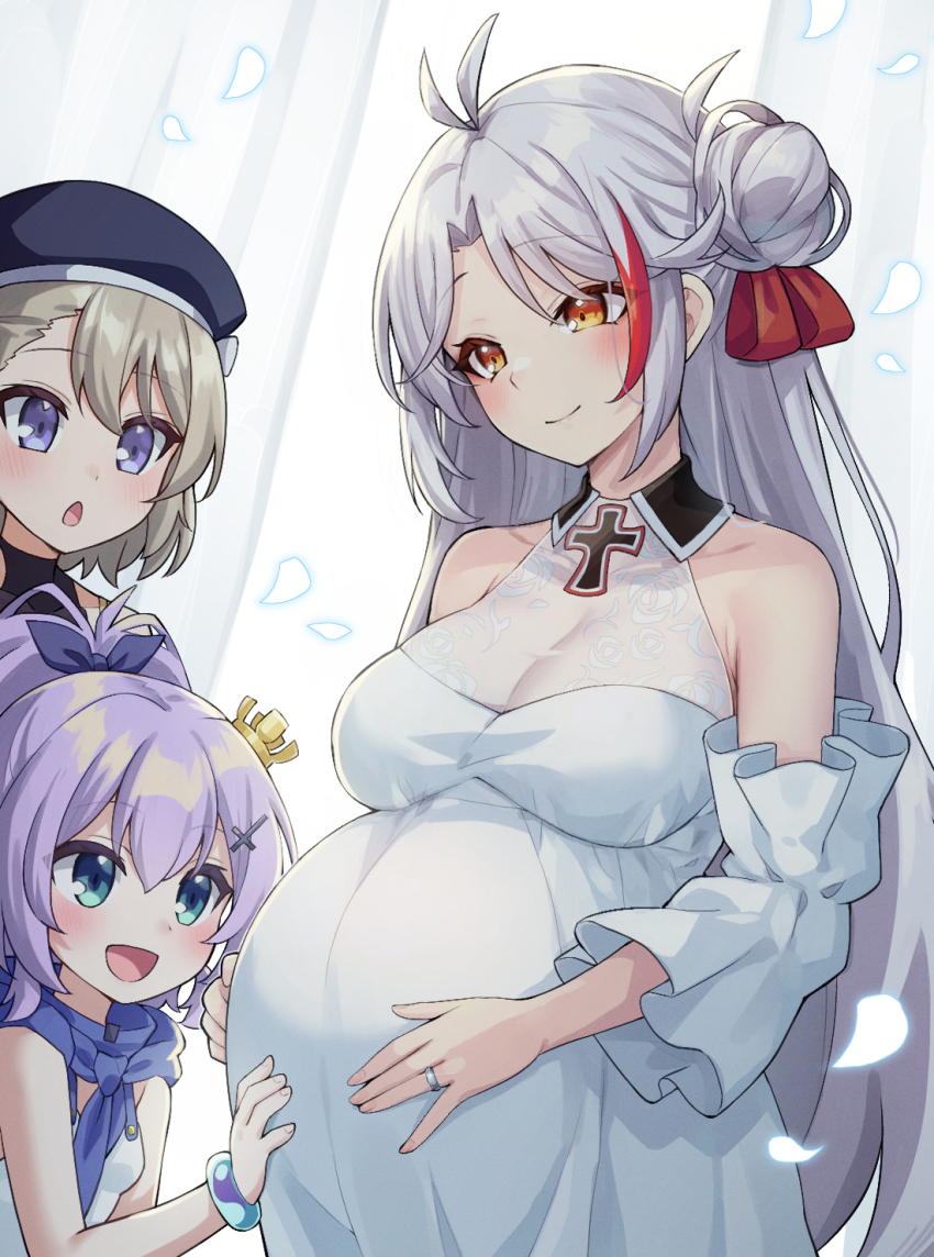 3girls, :d, :o, ashisi, azur_lane, beret, black_headwear, blush