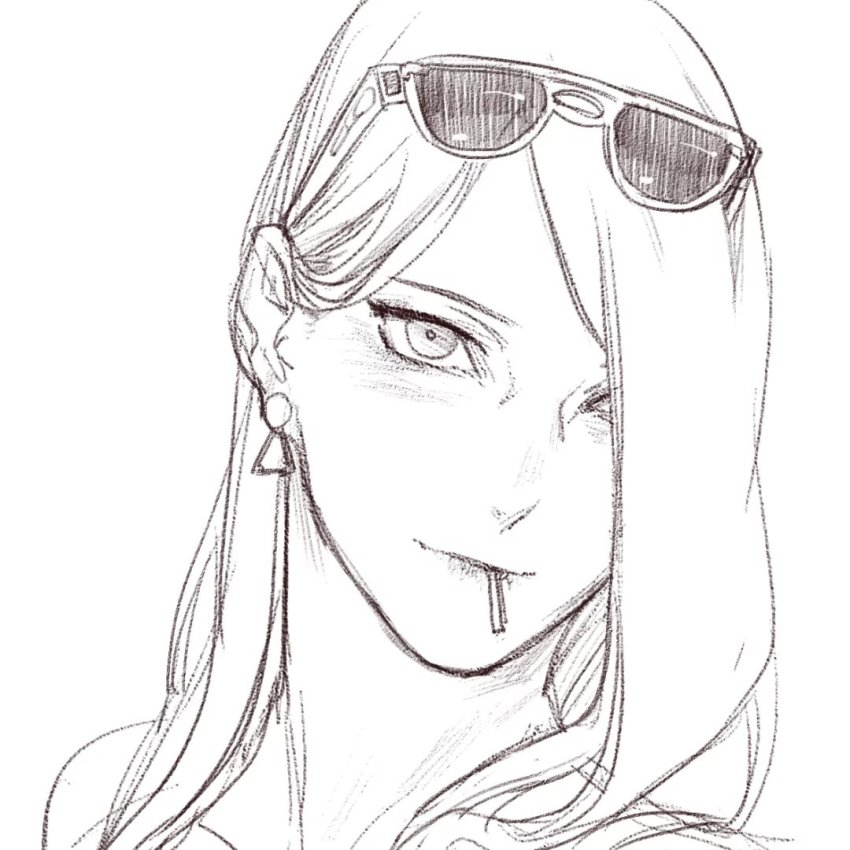 1girl, bluesy, earrings, eyewear_on_head, female_focus, glasses, hair_over_one_eye, jewelry, long_hair, looking_at_viewer, mouth_hold, naruto_(series), sketch, smile, solo, uzumaki_kushina