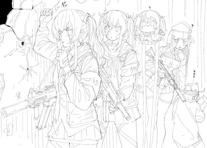 404_(girls'_frontline), 5girls, abonnu_(adooonnu), dummy_(girls'_frontline), girls'_frontline, highres, monochrome, multiple_girls