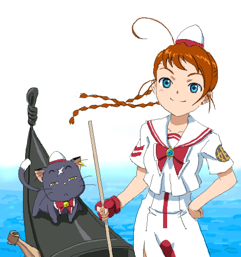 1girl, ahoge, aika_granzchesta, aika_granzchesta_(cosplay), animal, aria_(manga), arika_yumemiya, black_cat, blue_eyes, boat, braid, brown_hair, cat, cosplay, crossover, female_focus, fingerless_gloves, gloves, gondola, hand_on_own_hip, hat, hime_granzchesta, hip_focus, long_hair, lowres, mikoto_(my-otome), minagi_mikoto, my-otome, oekaki, parody, red_gloves, red_hair, smile, solo, twin_braids, twintails, uniform, water, watercraft