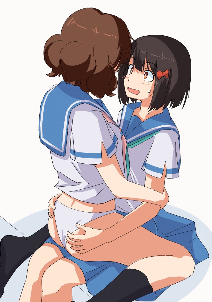 2girls, ass, black_hair, blush, bow, brown_eyes, brown_hair, gaditava