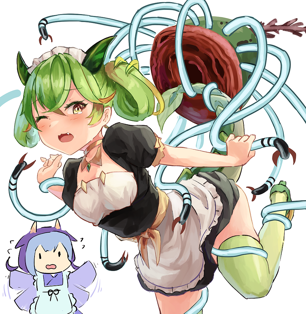 2girls, apron, blue_hair, breasts, commentary, dragon_girl, dragon_horns, dragon_tail, dragonmaid_(yu-gi-oh!), duel_monster, fang, gameplay_mechanics, green_hair, horns, japanese_clothes, laundry_dragonmaid, maid, maid_apron, multiple_girls, one_eye_closed, paleozoic_dinomischus, parlor_dragonmaid, restrained, sexually_suggestive, simple_background, small_breasts, tail, tentacles, twintails, unagishiro, wa_maid, white_background, yellow_eyes, yu-gi-oh!