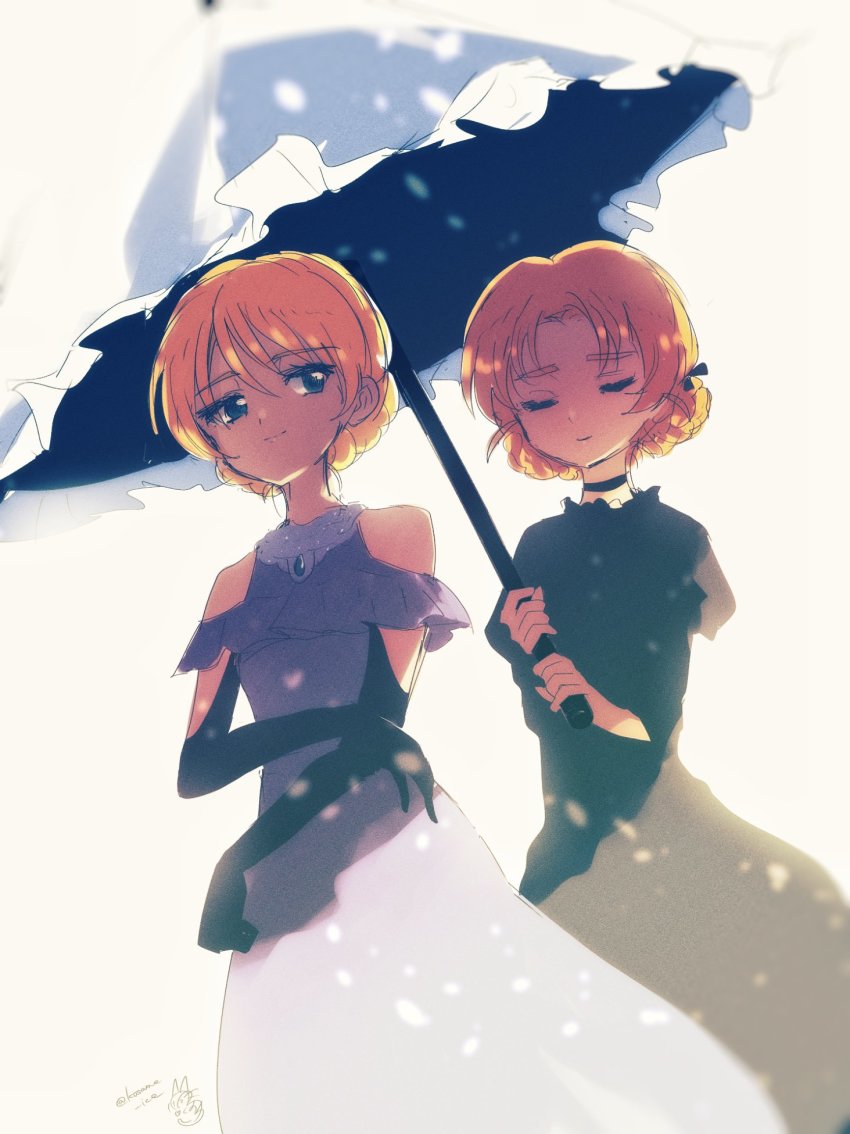 2girls, alternate_costume, black_dress, black_gloves, black_ribbon, blonde_hair, blue_eyes, blue_umbrella