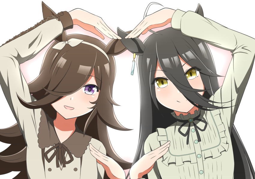 2girls, :d, ahoge, animal_ears, black_hair, brown_hair, casual, commentary