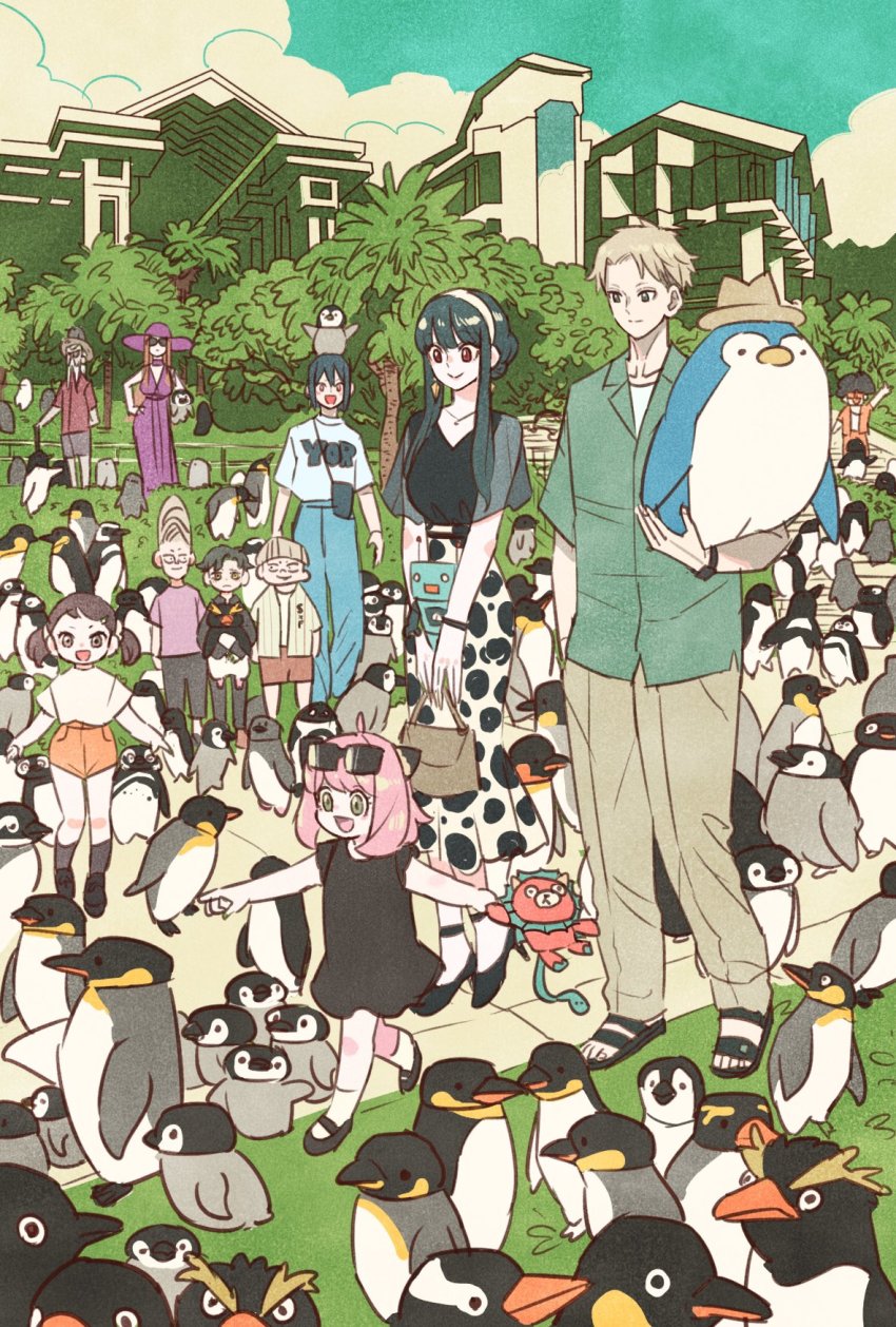 4girls, 6+boys, :d, absurdly_detailed_composition, adelie_penguin, adoptive_parent_and_adoptive_child, afro, ahoge, animal, anya_(spy_x_family), arms_behind_back, beard, becky_blackbell, bird, black_dress, black_footwear, black_hair, black_pants, blonde_hair, blue_eyes, blue_pants, blue_sky, bowl_cut, brother_and_sister, brown_hair, brown_pants, buck_teeth, child, clothes_writing, collared_shirt, damian_desmond, director_chimera_(spy_x_family), doll, dress, emile_elman, emperor_penguin, ewen_egeburg, eyewear_on_head, facial_hair, father_and_child, father_and_daughter, flat_color, franky_franklin, grass, green_eyes, green_shirt, grey_hair, grey_pants, hairband, hairpods, hat, henry_henderson, high_heels, highres, holding, holding_animal, holding_bird, holding_doll, husband_and_wife, jewelry, long_beard, long_skirt, mary_janes, mother_and_child, mother_and_daughter, multiple_boys, multiple_girls, necklace, old, old_man, open_mouth, orange_shorts, outdoors, pants, parent_and_child, penguin, pink_hair, pink_shirt, pointing, purple_dress, purple_headwear, red_eyes, royal_penguin, sandals, shirt, shoes, short_hair, shorts, siblings, skirt, sky, sleeveless, sleeveless_dress, smile, socks, spy_x_family, swept_bangs, sylvia_sherwood, t-shirt, takeuchi_ryousuke, teeth, too_many, too_many_penguins, tree, twilight_(spy_x_family), twintails, watch, white_hairband, white_shirt, wristwatch, yor_briar, yuri_briar