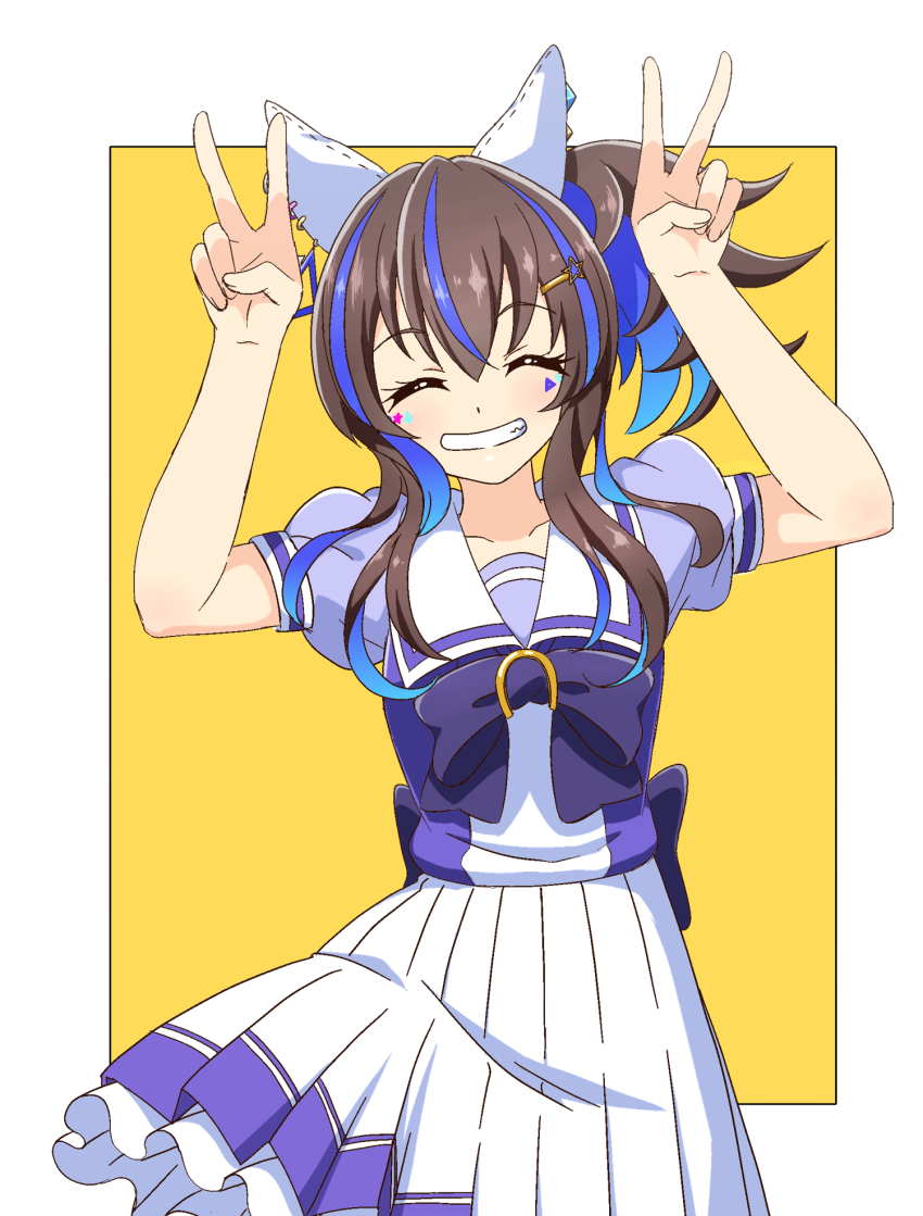 1girl, ^_^, animal_ears, arms_up, blue_hair, brown_hair, closed_eyes, daitaku_helios_(umamusume)