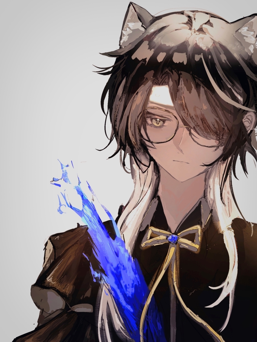 1boy, animal_ears, arknights, bishounen, black_hair, black_shirt, cat_boy, cat_ears