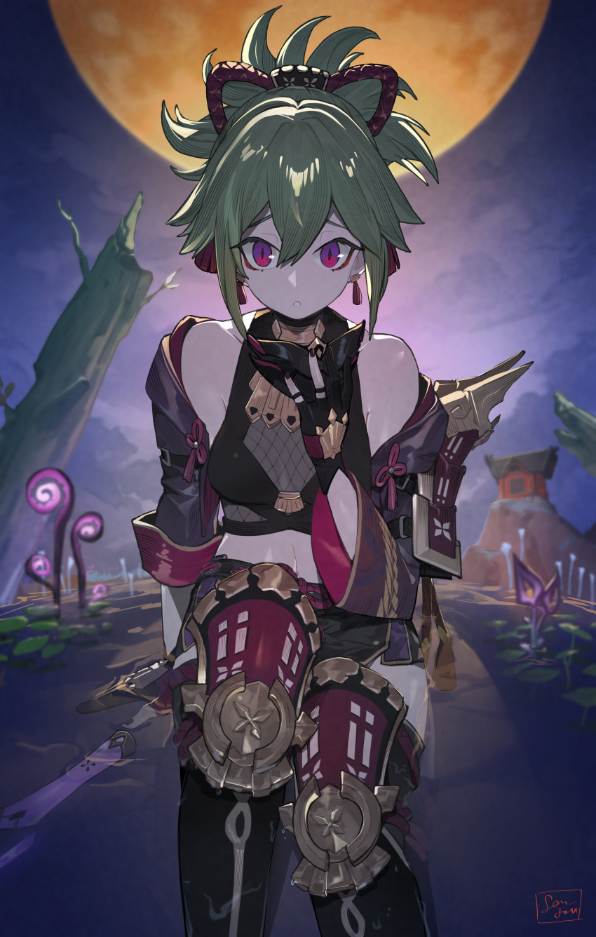 1girl, absurdres, armor, bare_shoulders, black_gloves, black_nails, breasts, cropped_jacket, fishnet_top, fishnets, full_moon, genshin_impact, gloves, gold_trim, green_hair, hair_between_eyes, hair_ornament, hand_up, highres, holding, holding_mask, jacket, kuki_shinobu, leg_armor, looking_at_viewer, mask, midriff, moon, mouth_mask, nail_polish, night, ninja_mask, off_shoulder, parted_lips, partially_fingerless_gloves, plant, ponytail, purple_eyes, purple_jacket, raised_eyebrows, rope, sen-jou, shimenawa, shirt, short_ponytail, short_shorts, shorts, shoulder_armor, shrine, sitting, sky, sleeveless, sleeveless_shirt, small_breasts, solo, unworn_mask