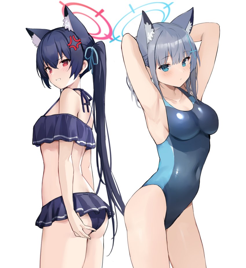 2girls, absurdres, anger_vein, animal_ear_fluff, animal_ears, armpits, arms_up, ass