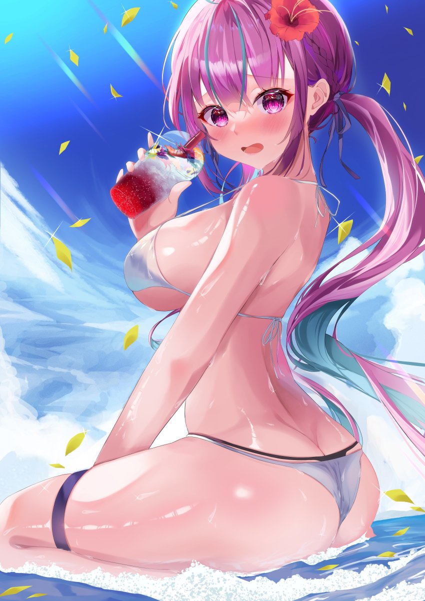 1girl, absurdres, asphalt494, ass, bikini, blue_hair, blush, breasts