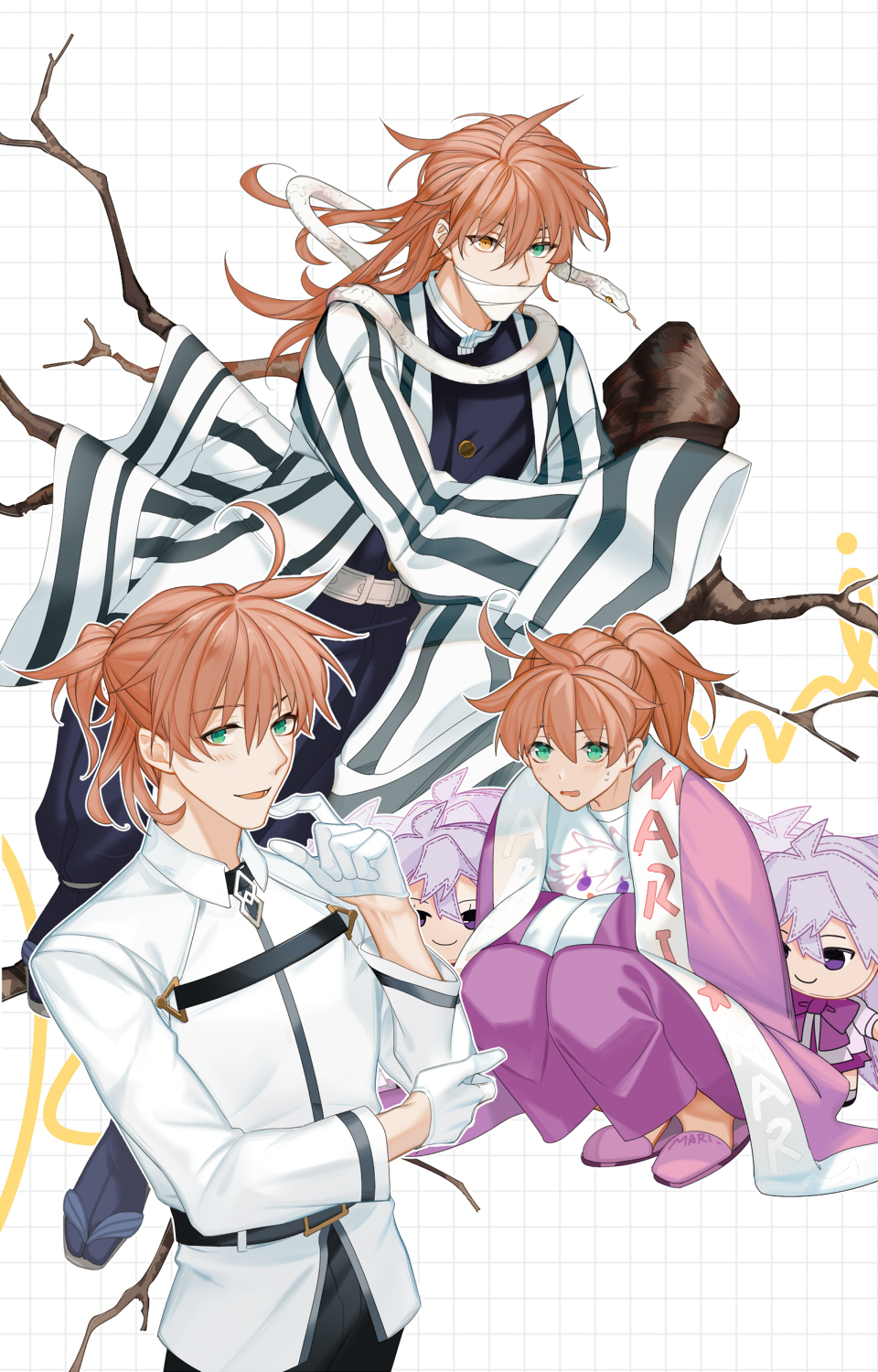 1boy, ahoge, alternate_costume, arlizi, bandage_on_face, bandages, belt, blush, branch, chaldea_uniform, cosplay, demon_slayer_uniform, fate/grand_order, fate_(series), fujimaru_ritsuka_(male), fujimaru_ritsuka_(male)_(cosplay), gloves, green_eyes, grid_background, hair_between_eyes, hands_in_opposite_sleeves, haori, happi, heterochromia, highres, iguro_obanai, iguro_obanai_(cosplay), japanese_clothes, kaburamaru, kimetsu_no_yaiba, long_hair, long_sleeves, looking_at_viewer, male_focus, medium_hair, merlin_(fate), multiple_views, open_mouth, orange_hair, ponytail, romani_archaman, simple_background, sleeves_past_fingers, sleeves_past_wrists, slippers, smile, snake, squatting, stuffed_toy, sweat, white_background, white_gloves, white_snake, yellow_eyes