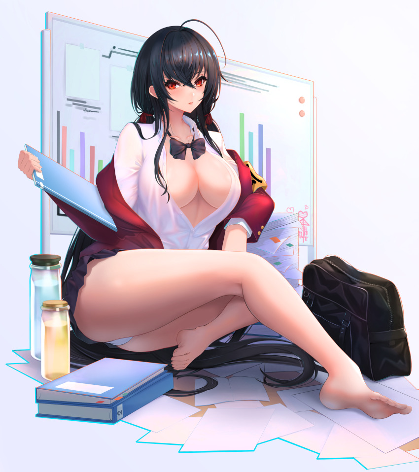 1girl, absurdres, ahoge, armband, azur_lane, bar_chart, bare_legs, barefoot