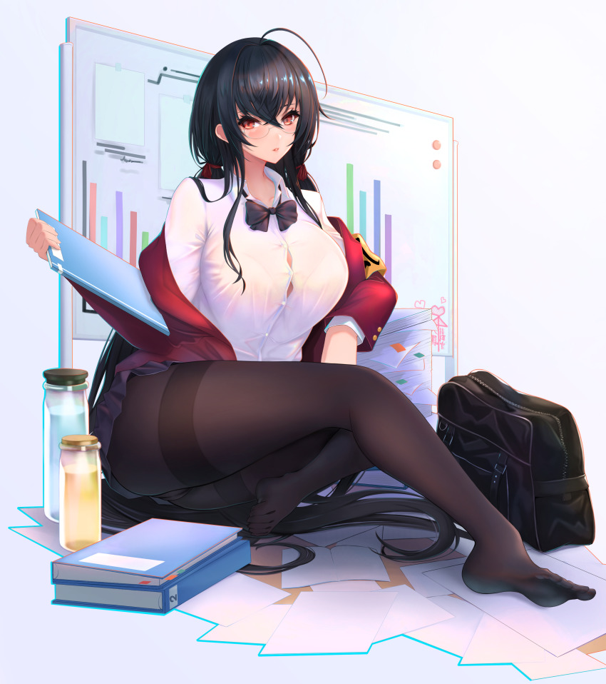 1girl, absurdres, ahoge, armband, azur_lane, bar_chart, binder, black_bag