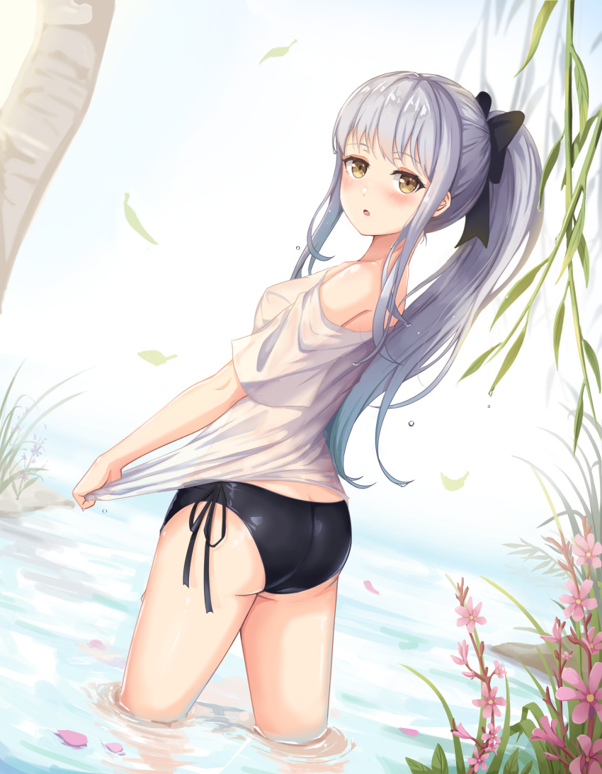 1girl, :o, absurdres, alternate_hairstyle, ass, bang_dream!, bang_dream!_girls_band_party!, bare_shoulders, bikini, bikini_bottom_only, black_bikini, black_bow, blush, bow, breasts, butt_crack, commentary, cowboy_shot, day, dutch_angle, falling_leaves, flower, from_behind, grey_hair, hair_bow, highres, jihi, leaf, long_hair, looking_at_viewer, looking_back, minato_yukina, no_pants, off-shoulder_shirt, off_shoulder, outdoors, parted_lips, petals, petals_on_liquid, pink_flower, ponytail, see-through_clothes, shirt, shirt_tug, short_sleeves, side-tie_bikini_bottom, sidelocks, small_breasts, solo, standing, swimsuit, tree, wading, water_drop, wet, wet_clothes, wet_hair, wet_shirt, white_shirt