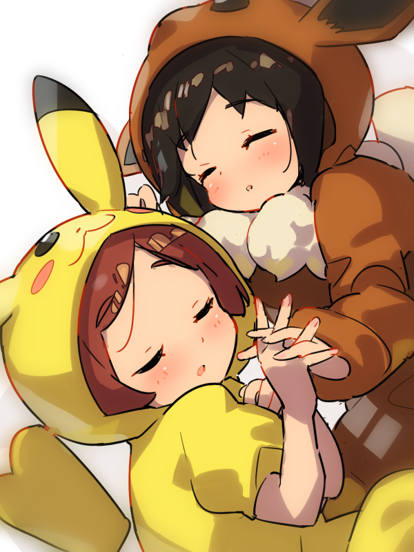 2girls, black_hair, blue_vert, blush, brown_hair, closed_eyes, cosplay, eevee